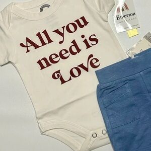 Valentine’s Day Baby Outfit 0–3M NWT Kate Quinn Blue Shorts + E&F LOVE Bodysuit